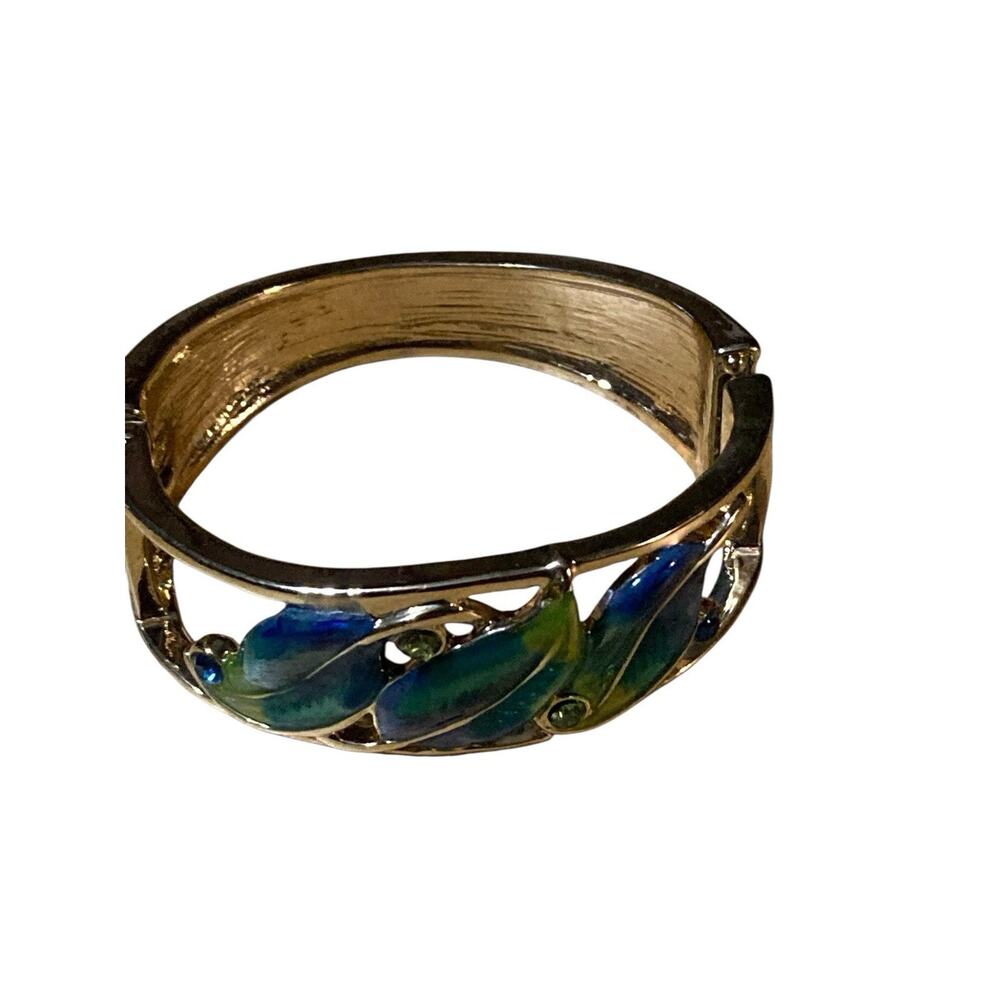 Gold Tone Enamel Hinged Cuff Braceletโ Bangle Peacock Feathers Blue Green